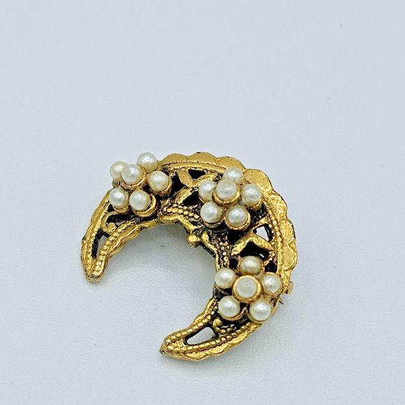 Tacoa Crescent Moon Brooch Vintage Flower Pearl Filigree Celestial Estate Pin - Picture 4 of 8